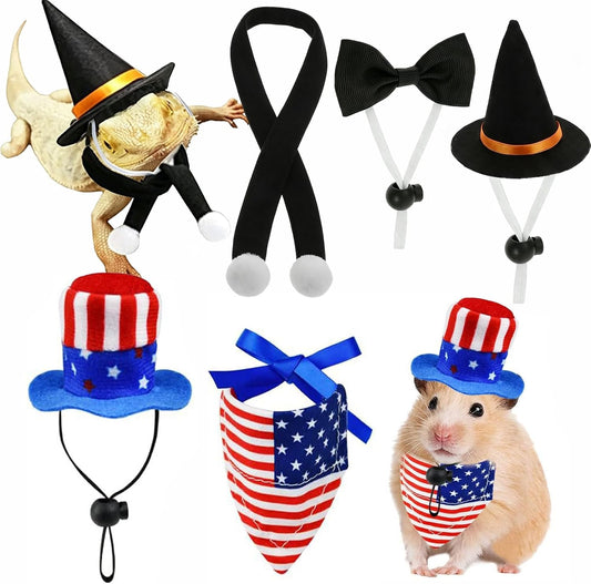 ZIOU small pet holiday costume set showing front view of the Halloween witch hat and patriotic accessories