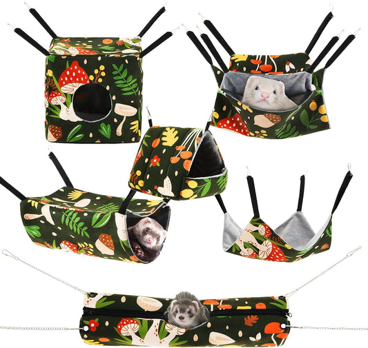 Yeyeplum 6 Pack Small Animal Hammock Set front view showing hanging plush cage accessories.