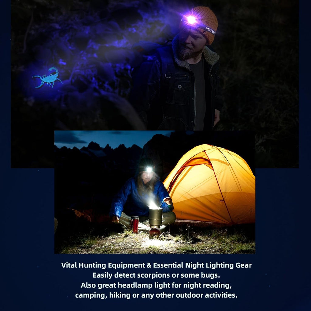 SEVENKA 2in1 UV Headlamp Flashlight Black Light & White Light, Rechargeable LED Hands Free Blacklight 395nm, Mini Ultraviolet Head Lamp, Pet Urine Detector for Dog/Cat Urine Stains, Bed Bug, Scorpion - Image 9