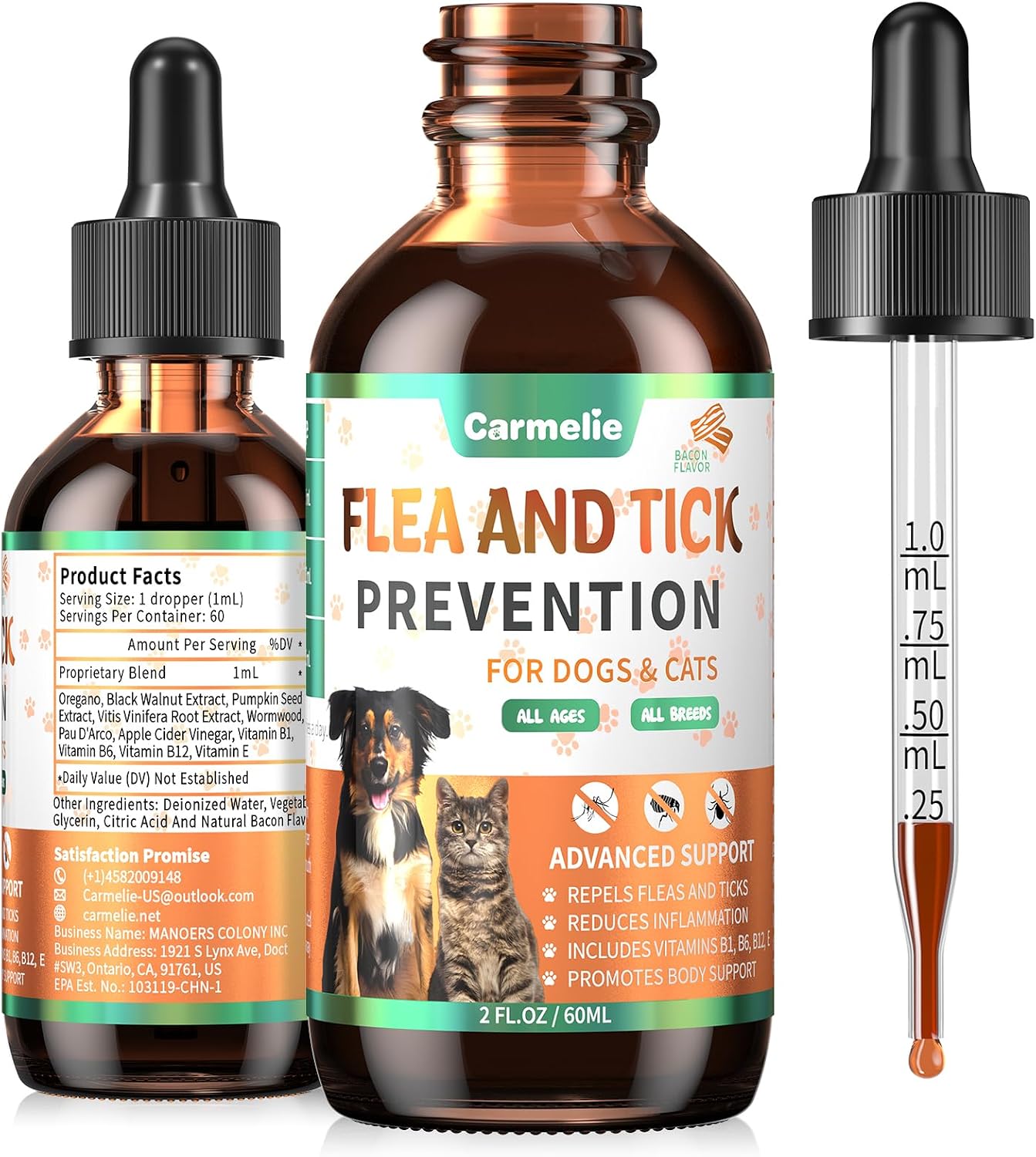 Carmelie oral flea and tick support for dogs and cats front view bottle