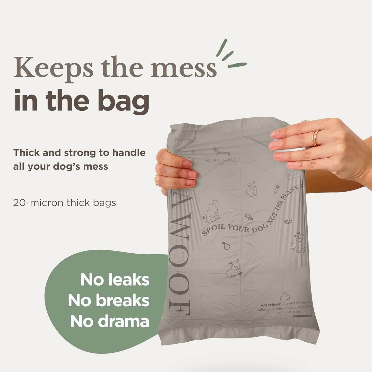 Unscented leak proof dog poo bags flat bottom design size comparison.