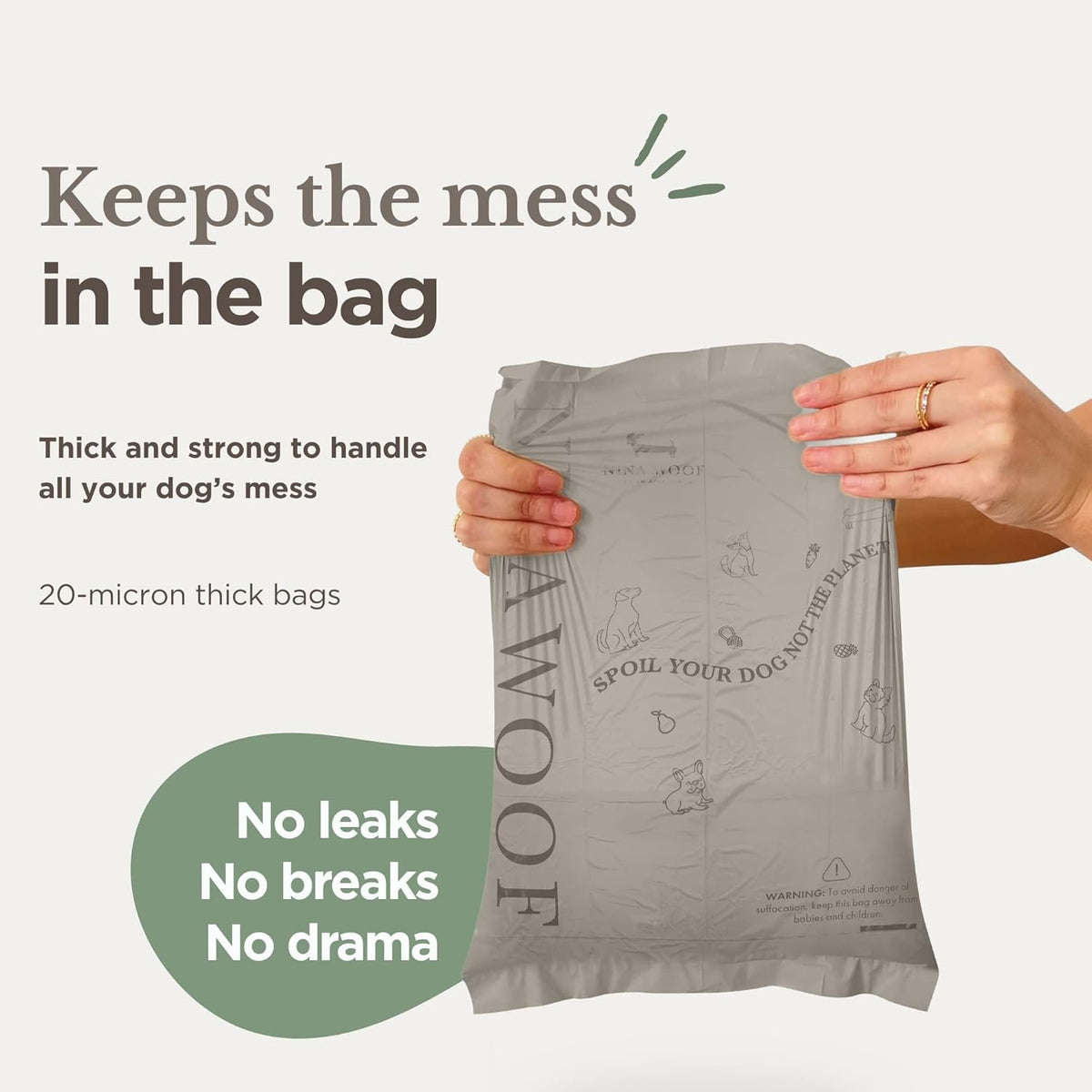 Unscented leak proof dog poo bags flat bottom design size comparison.