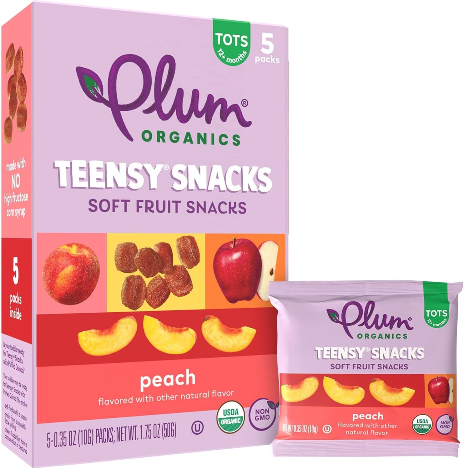 Plum Organics Teensy Snacks Peach pack of forty box front view showing organic toddler fruit snacks