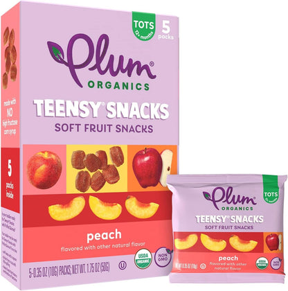 Plum Organics Teensy Snacks Peach pack of forty box front view showing organic toddler fruit snacks
