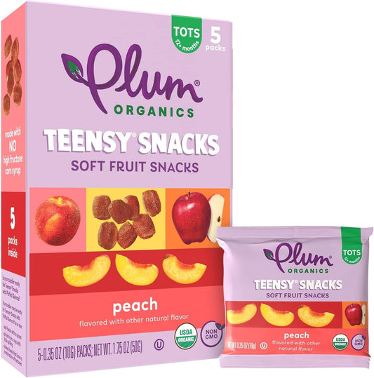 Plum Organics Teensy Snacks Peach pack of forty box front view showing organic toddler fruit snacks