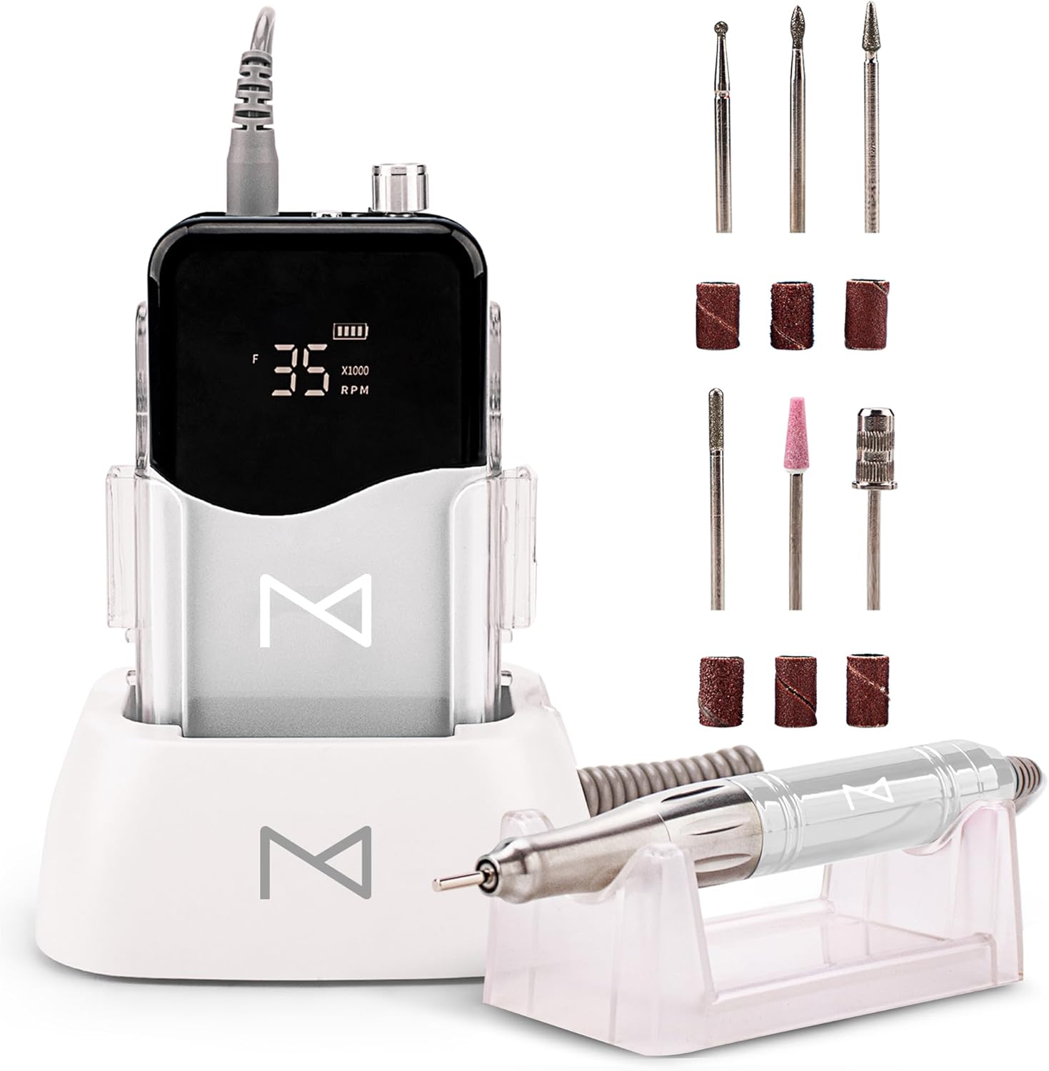 M Mase Professional Nail Drill Machine white front view showing the digital display screen and control dial.
