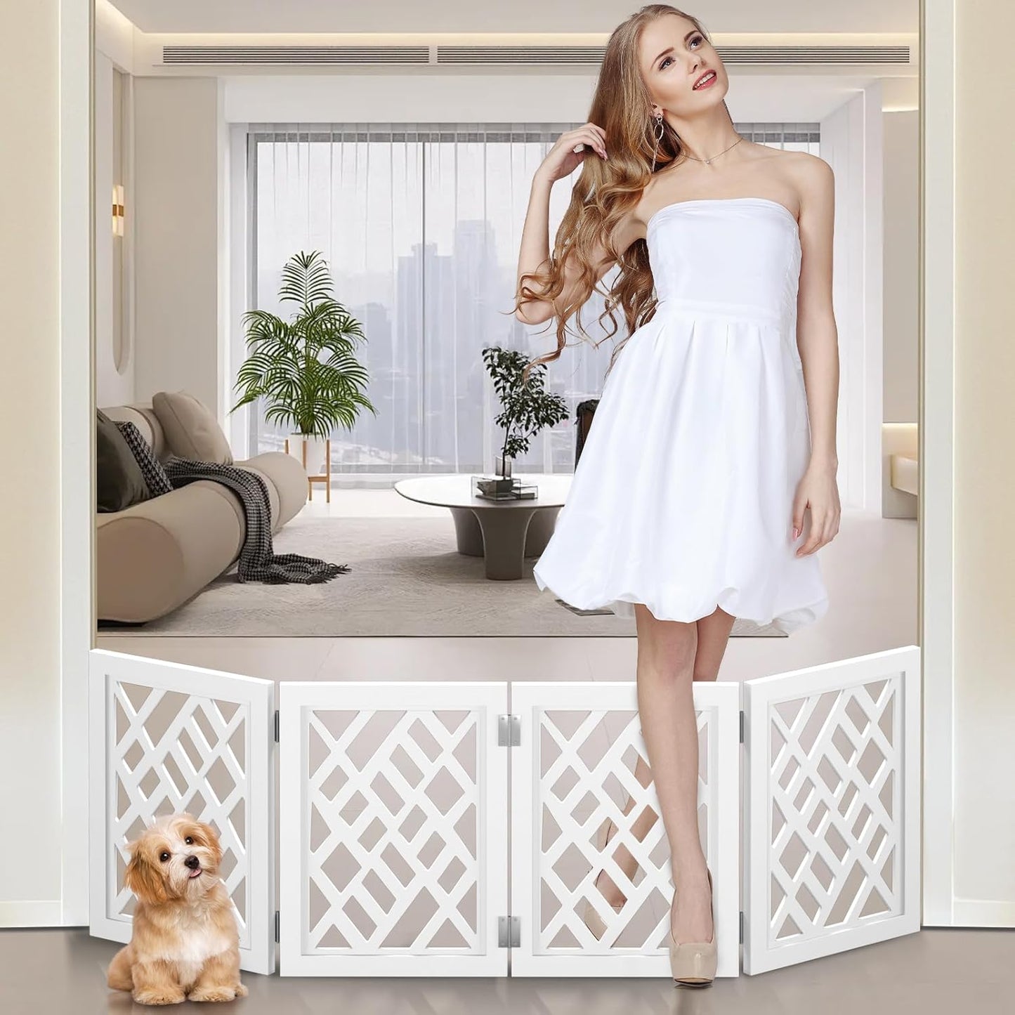 YORWHIN short dog gate front view freestanding in a white doorway