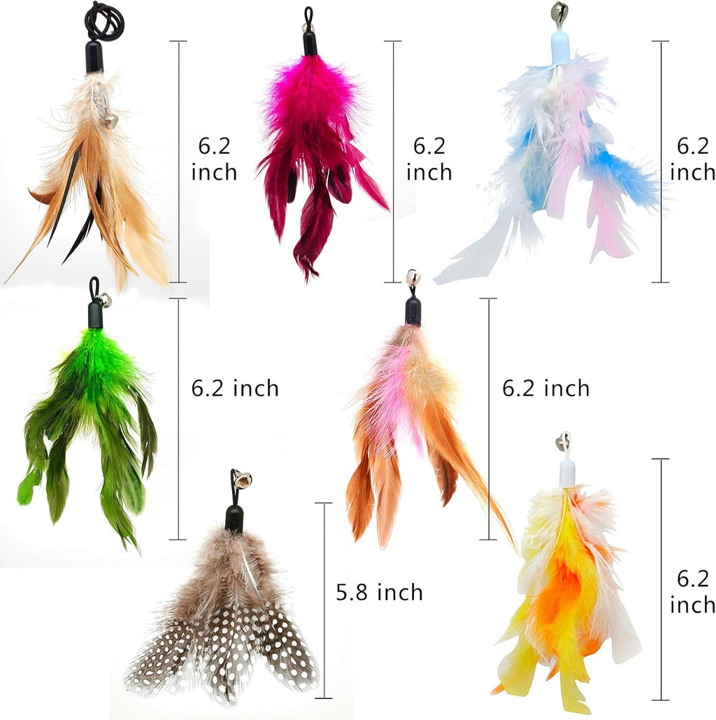 Close up of the natural bird feather replacements with attached jingle bells for interactive teaser toys.