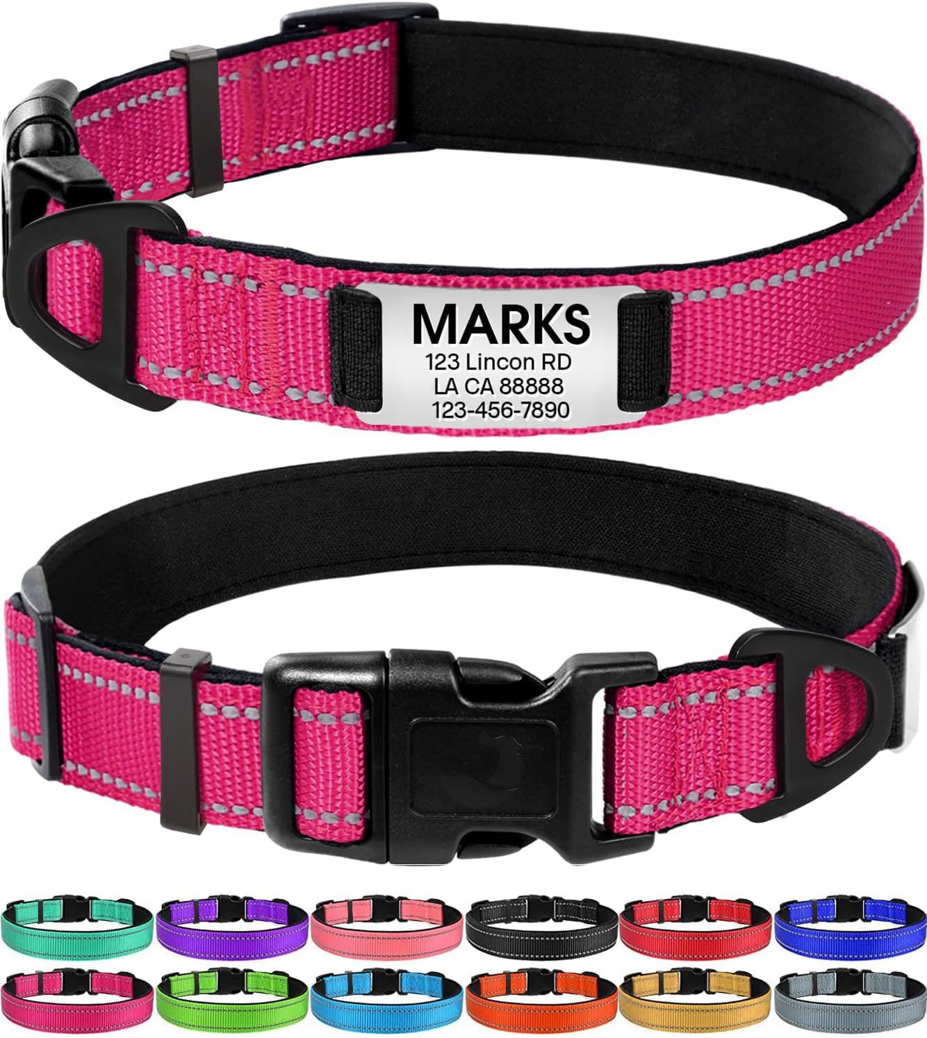 Joytale personalized dog collar hot pink with engraved name plate