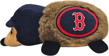 Side view of the Pets First durable plush hedgehog toy showing the detailed stitching.