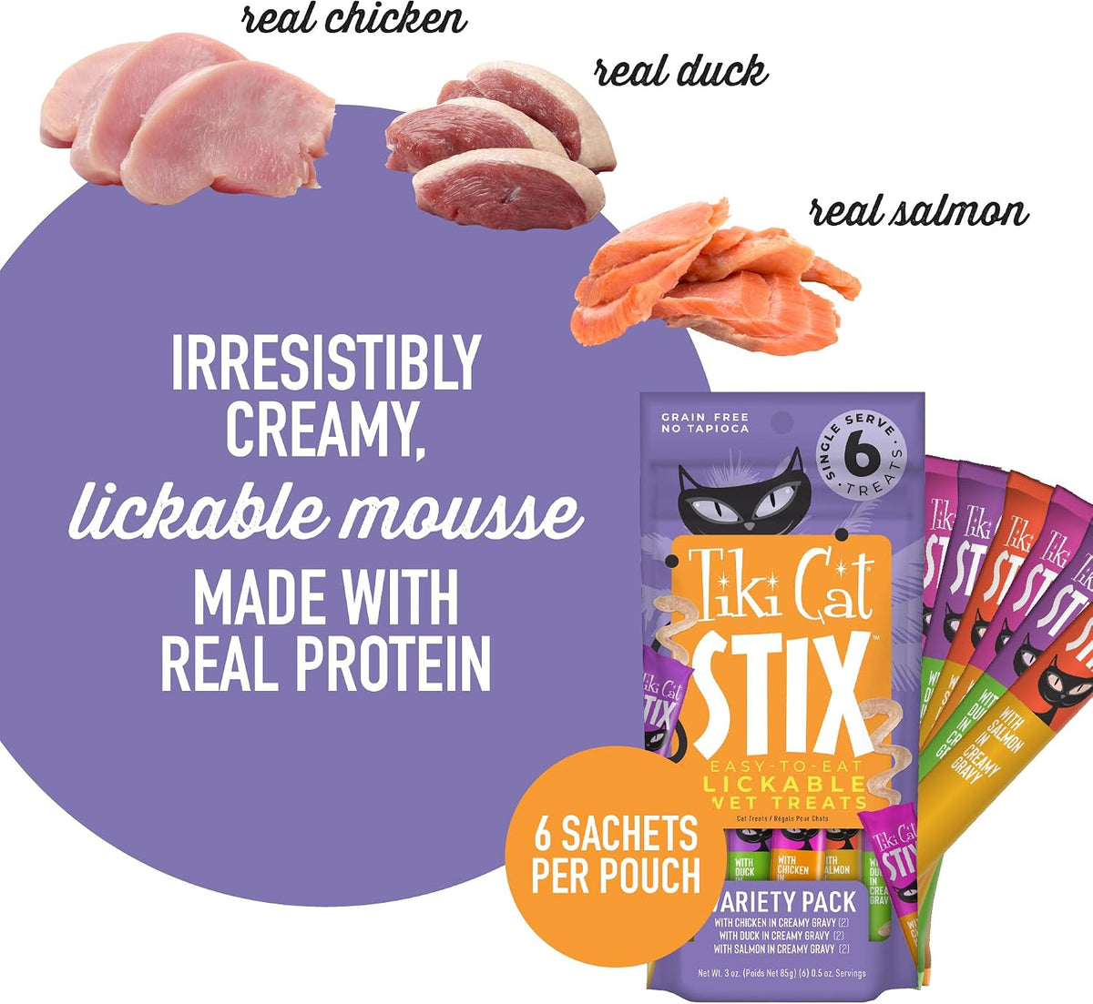 Variety pack display showing purple and orange packaging design