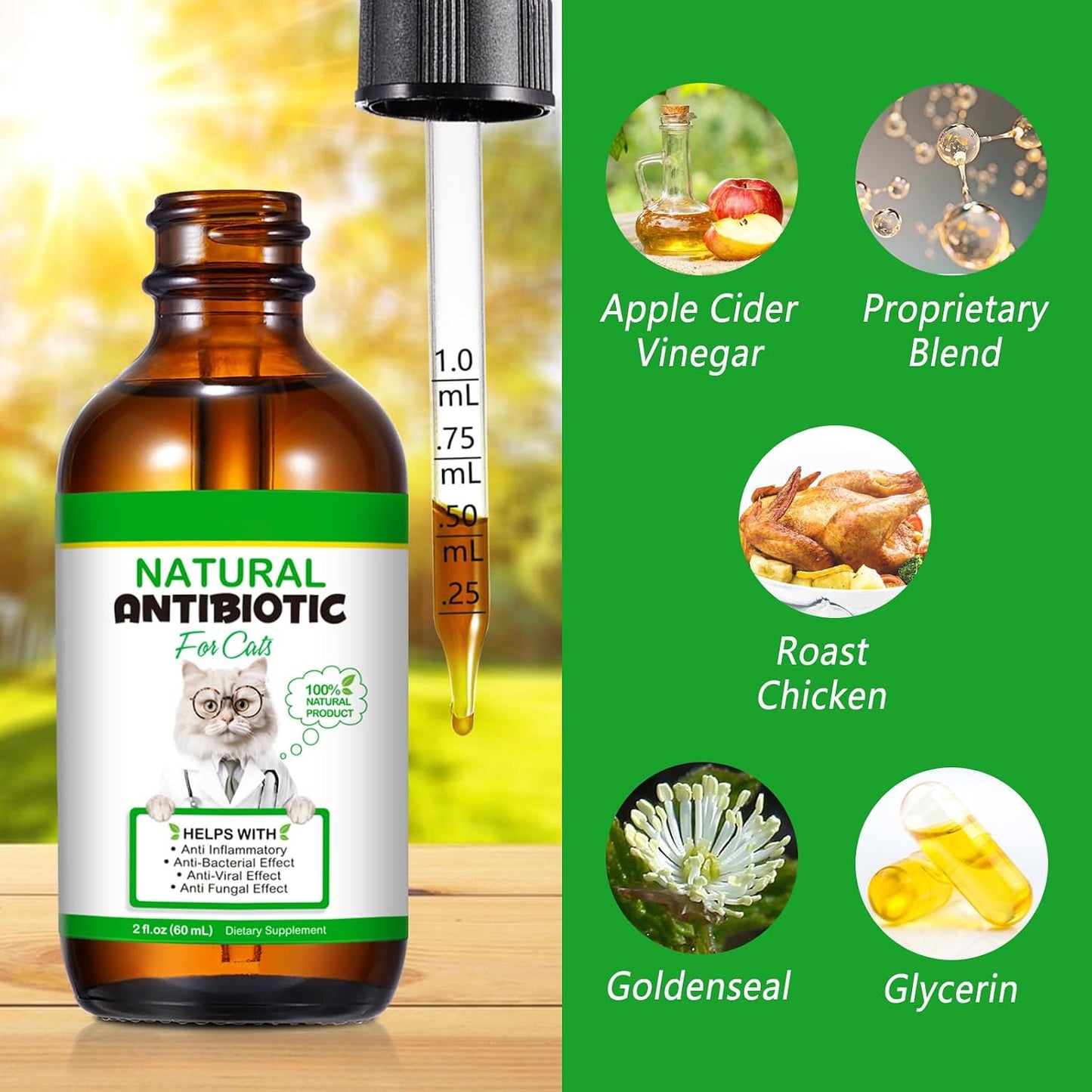 Natural cat supplement by VOSIFSDIY featuring goldenseal and apple cider vinegar ingredients