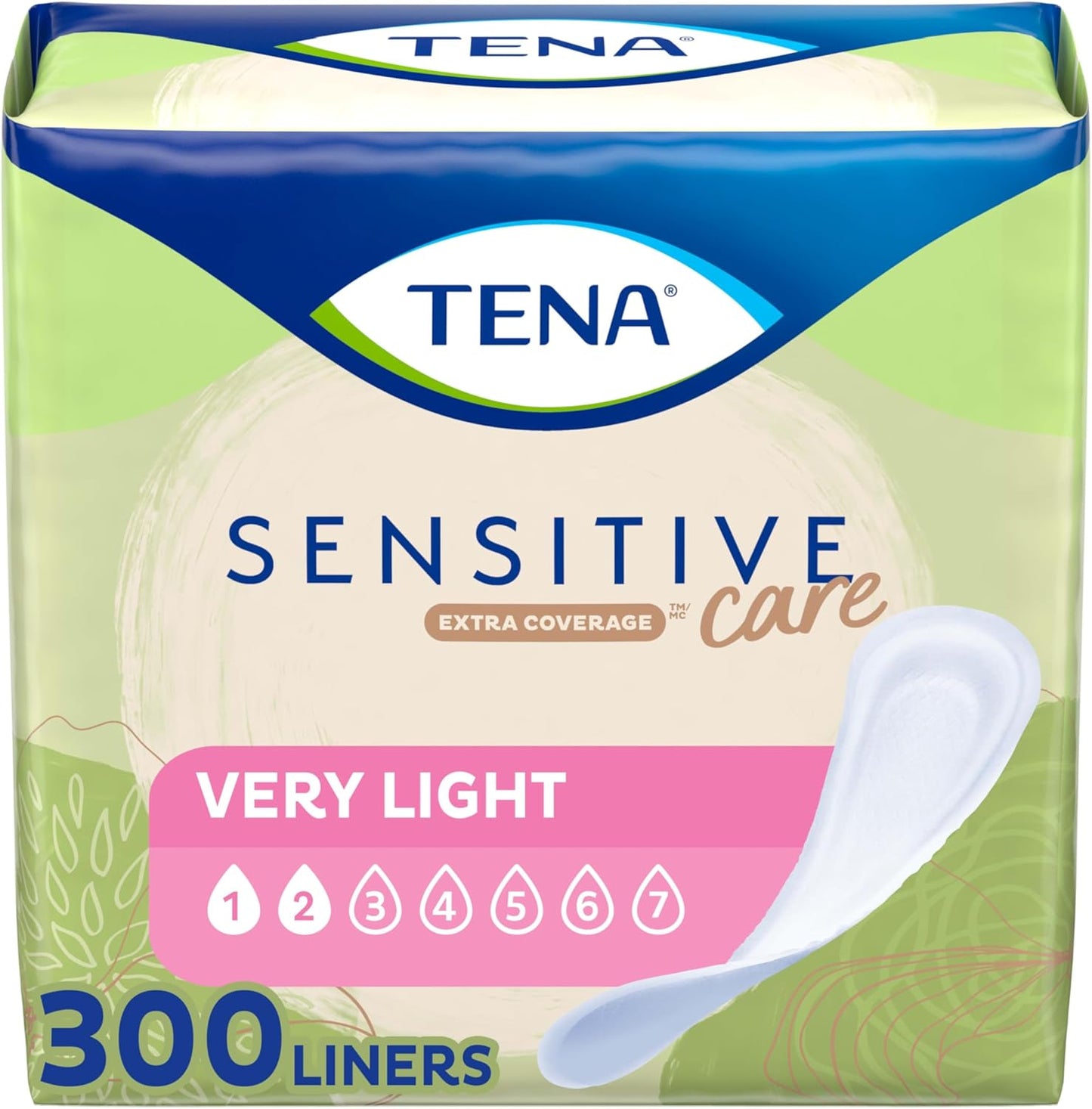 TENA Sensitive Care Panty Liners 300 count box front view showing extra coverage bladder control protection.