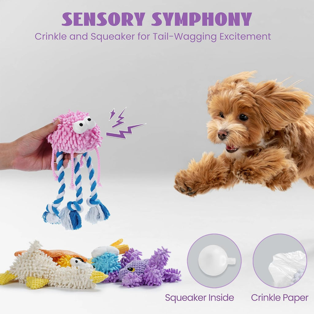 Nocciola interactive dog enrichment plushies with inner crinkle paper and built-in squeakers.