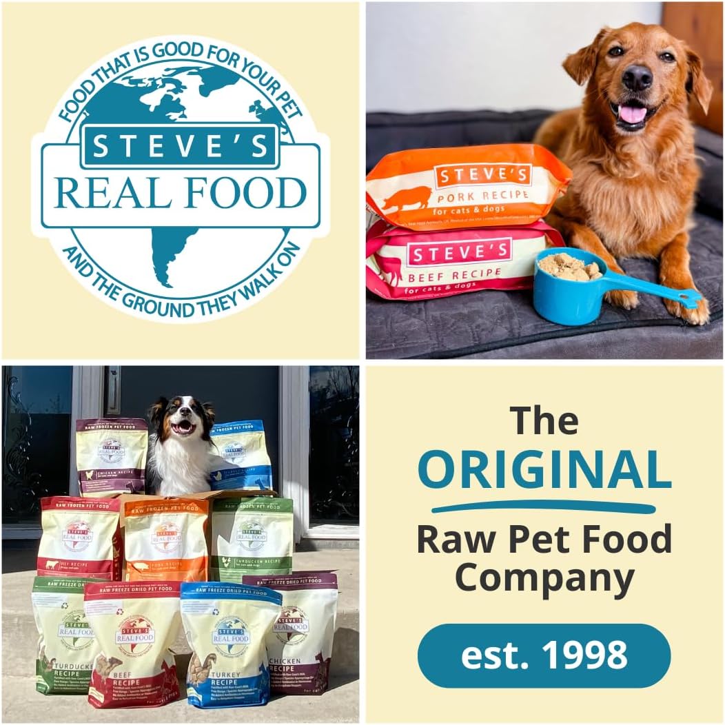Steve's Real Food Freeze-Dried raw dog food nuggets packaging side view detailing feeding guidelines