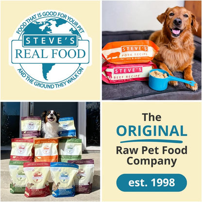 Steve's Real Food Freeze-Dried raw dog food nuggets packaging side view detailing feeding guidelines