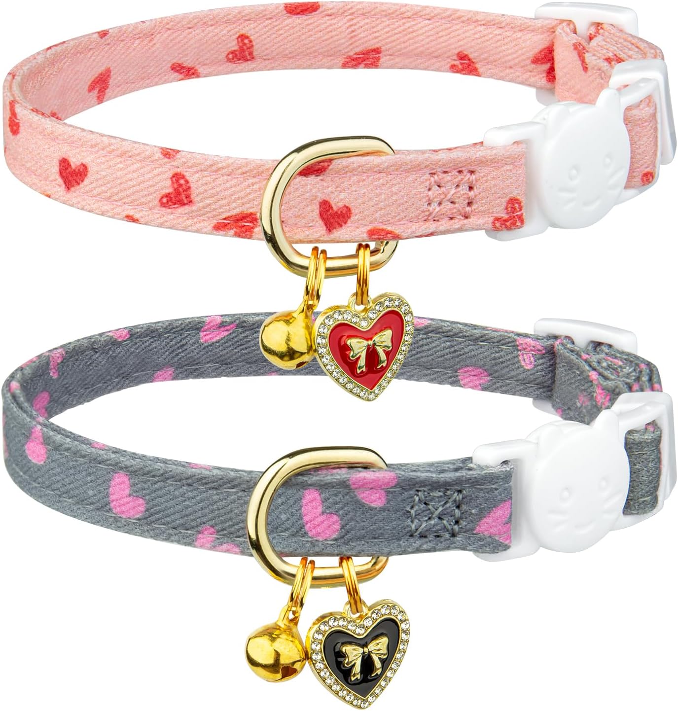 2 Pack Cotton Breakaway Cat Collar Pink Strawberries and White Heart Shaped Pendant Cute Kitten Cat Collar with Bell - Image 14