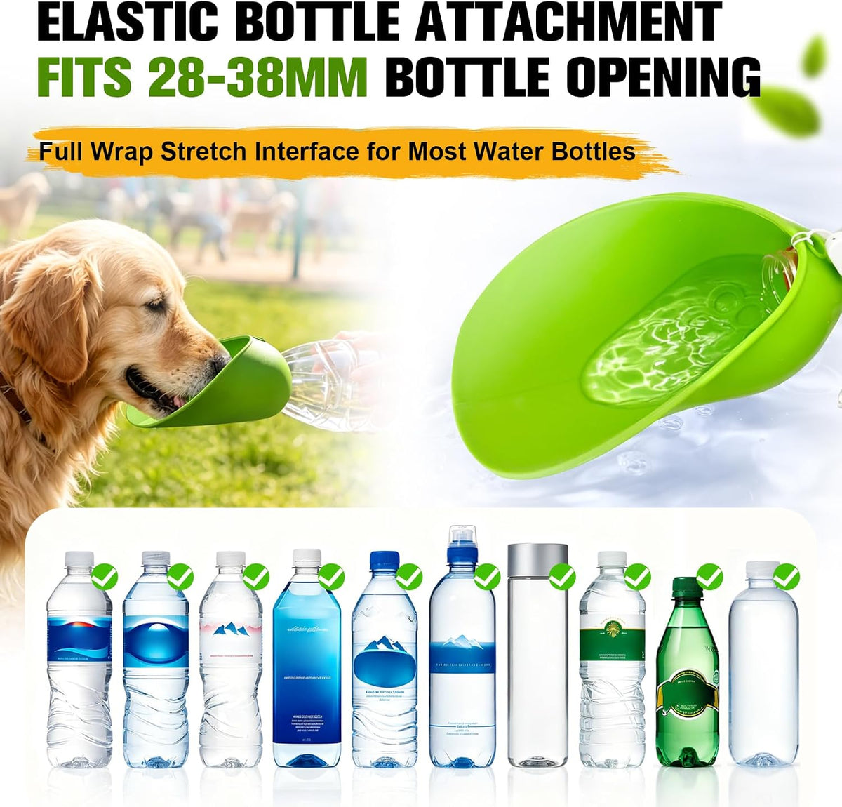 Yonisole silicone pet travel bowl stretched securely over a standard plastic mineral water bottle.