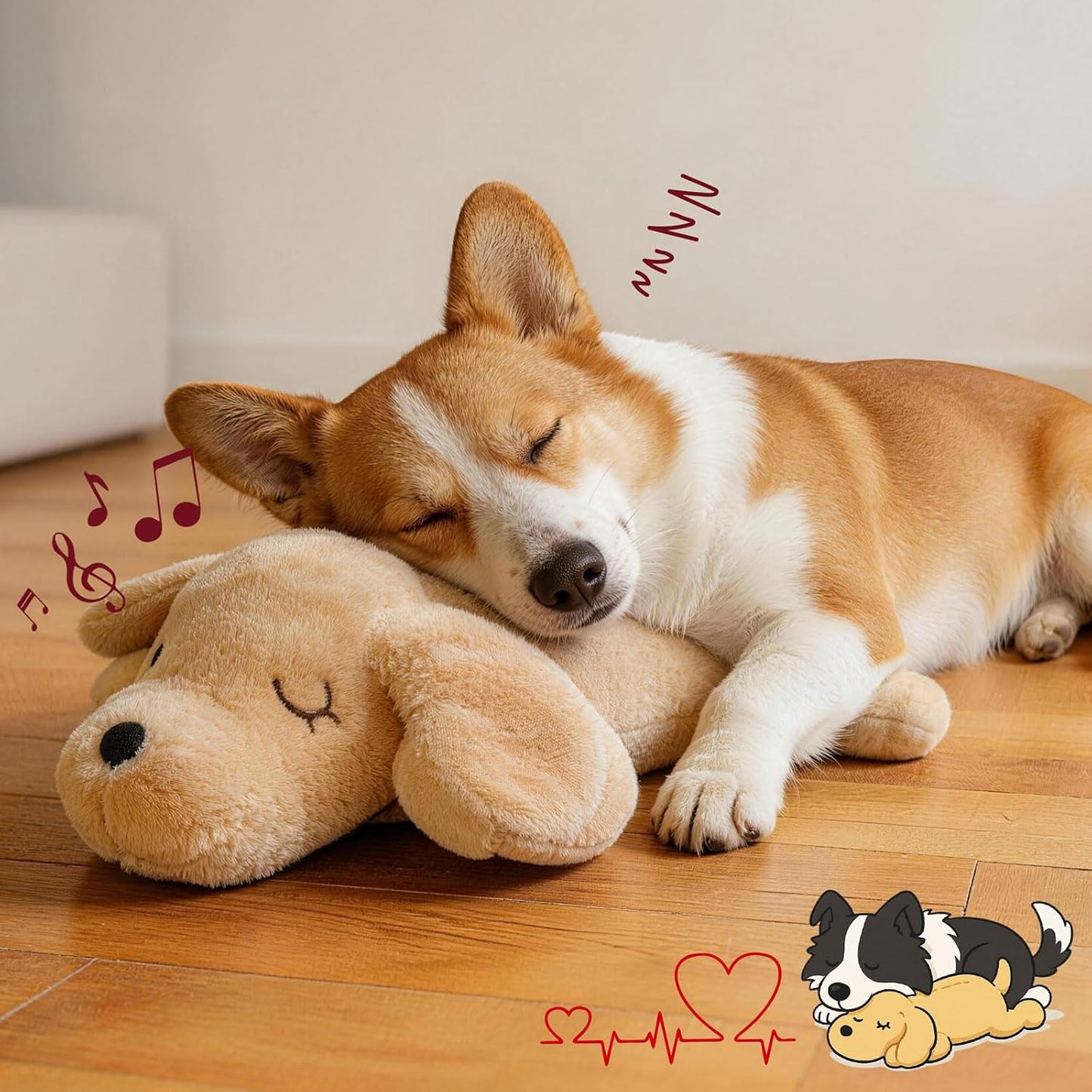 Puppy sleeping next to Fuzzwoof heartbeat comfort toy