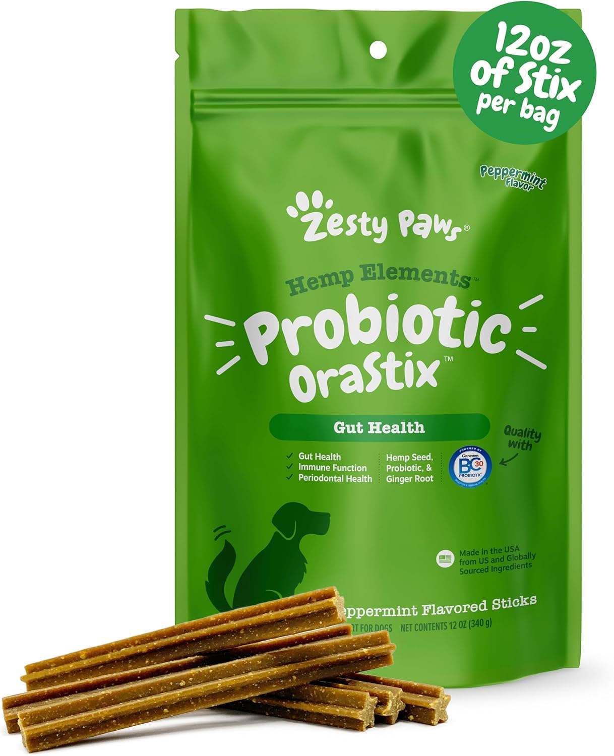 Premium 25 Ounce bag of Zesty Paws Hemp Elements Probiotic OraStix for complete pet wellness.