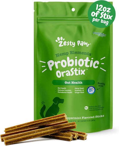 Premium 25 Ounce bag of Zesty Paws Hemp Elements Probiotic OraStix for complete pet wellness.