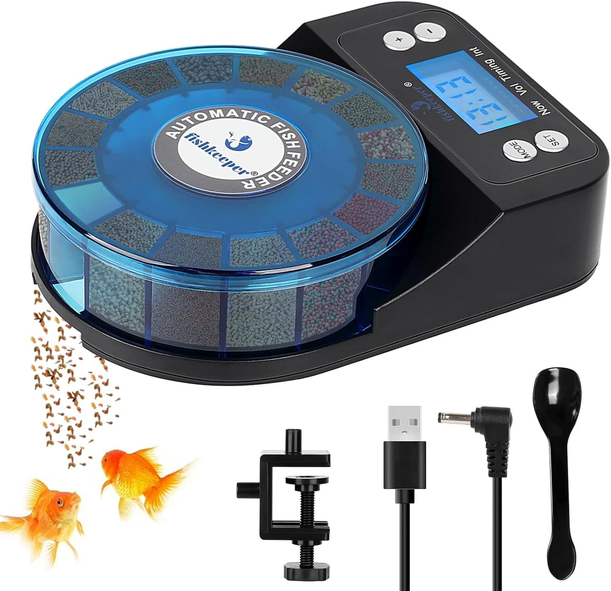 Fishkeeper automatic fish feeder front view for precise aquarium vacation feeding.
