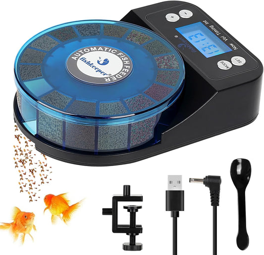 Fishkeeper automatic fish feeder front view for precise aquarium vacation feeding.