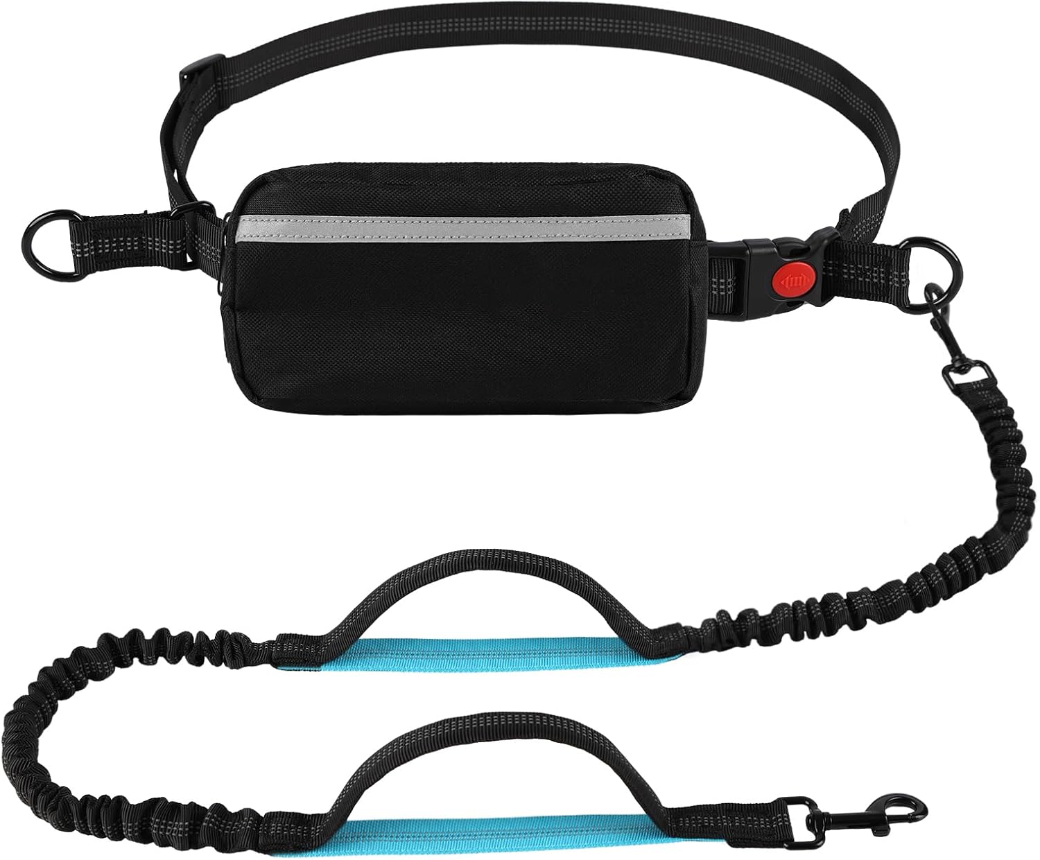 Arcolma hands free dog leash front view showing the premium black design and adjustable waist belt.