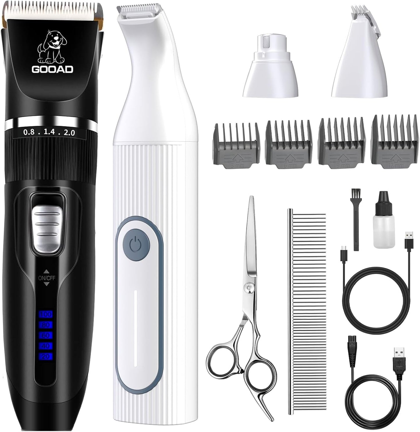 Professional home pet grooming set for small and large dogs showing detachable blades