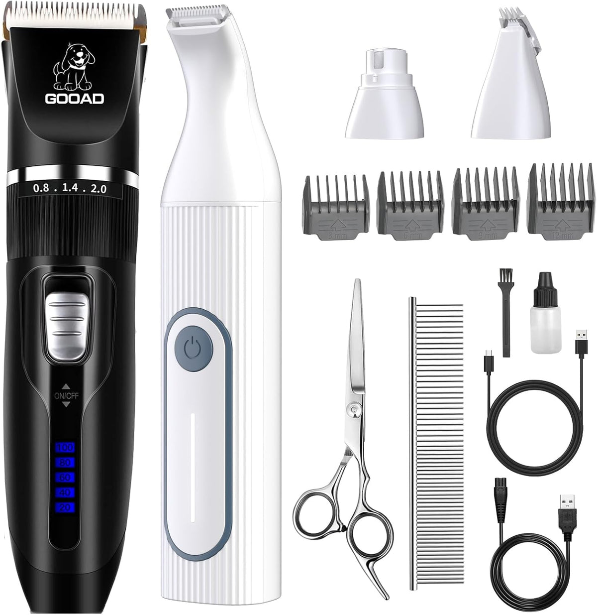 Professional home pet grooming set for small and large dogs showing detachable blades