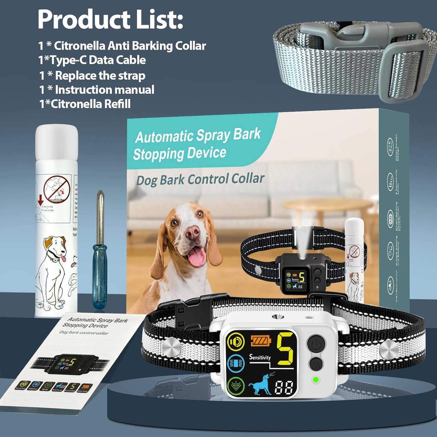 Citronella Bark Dog Collar [1*Refill] Spray Dog Collar, with 5 Adjustable Sensitivity, Beep+Vibration+Spray 5 Working Modes Citronella Bark Collar, IP66 Waterproof Dog Spray Collar for L/M/S - Image 9