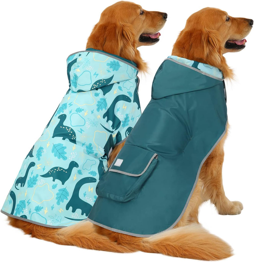A medium dog wearing the HDE hooded raincoat protection gear in rainy weather.