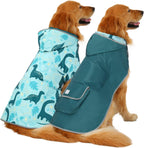 A medium dog wearing the HDE hooded raincoat protection gear in rainy weather.