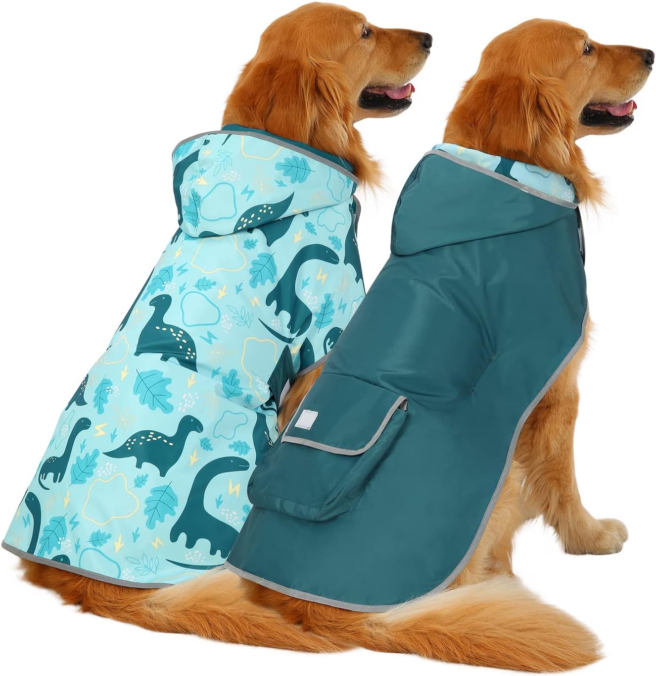 A medium dog wearing the HDE hooded raincoat protection gear in rainy weather.