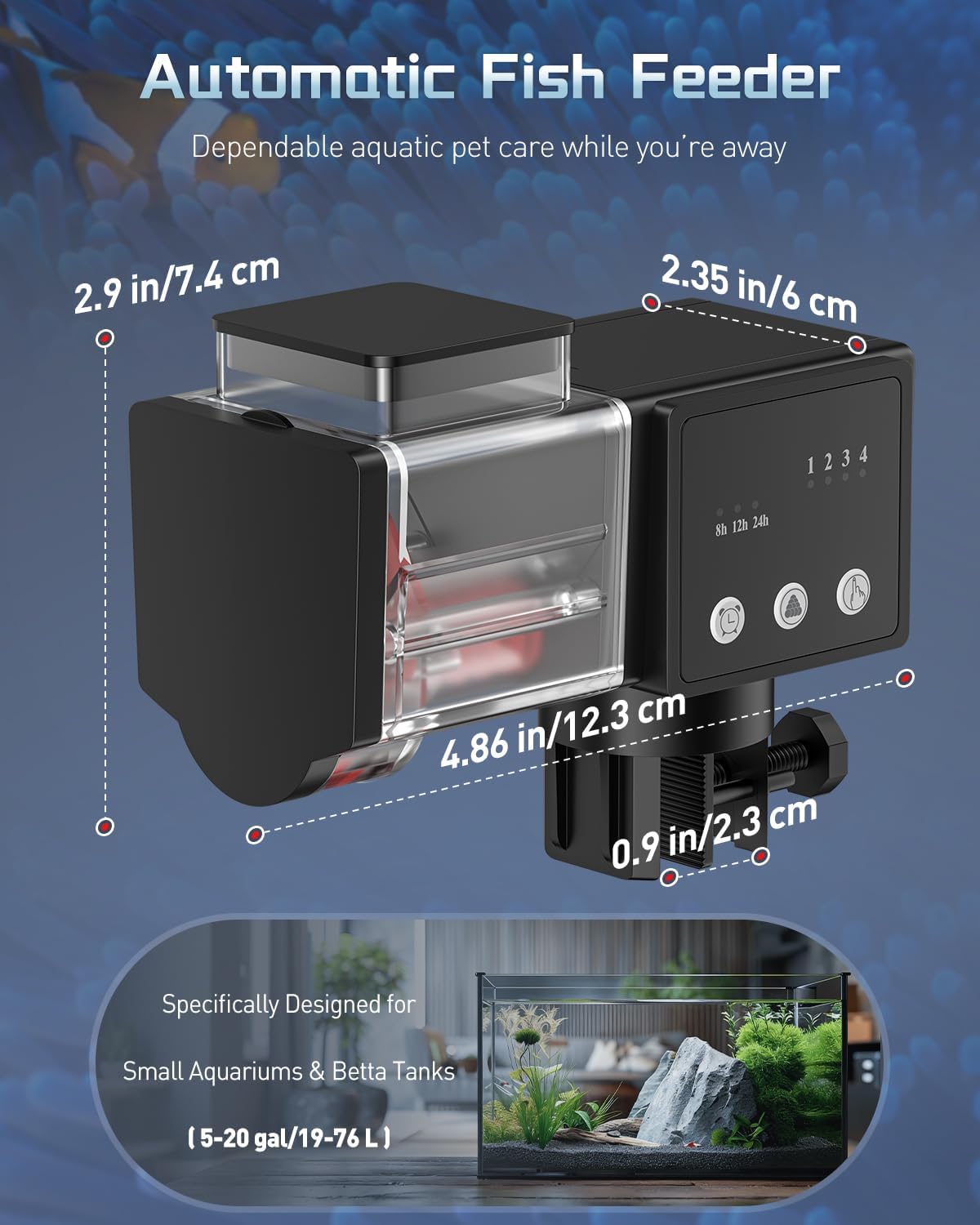 Pawfly aquarium vacation food dispenser displaying the adjustable digital timer interface.