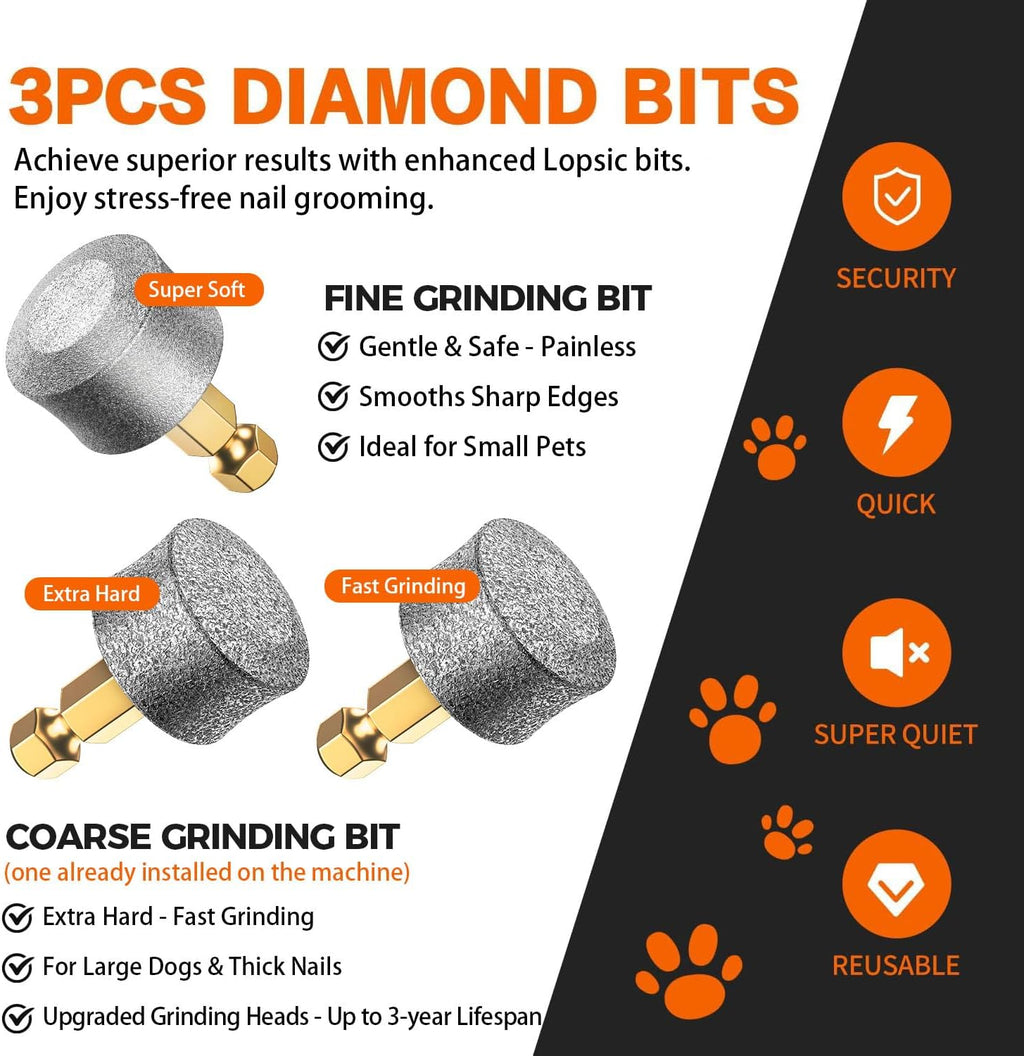 Professional cordless pet grooming kit showing different grinding ports.