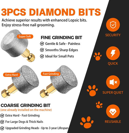Professional cordless pet grooming kit showing different grinding ports.