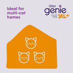 Litter Genie XL Plus Pail placed neatly next to a standard cat litter box in a modern bathroom setup showing its compact size.