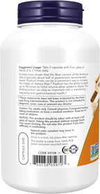 Now Supplements Psyllium Husk Caps side profile highlighting non-gmo and certification badges