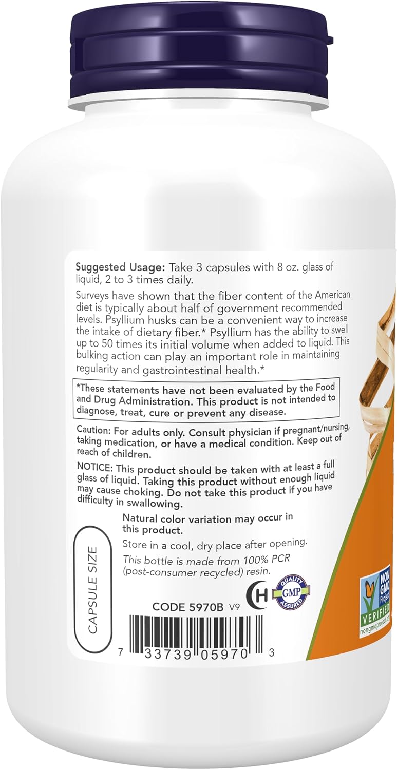 Now Supplements Psyllium Husk Caps side profile highlighting non-gmo and certification badges