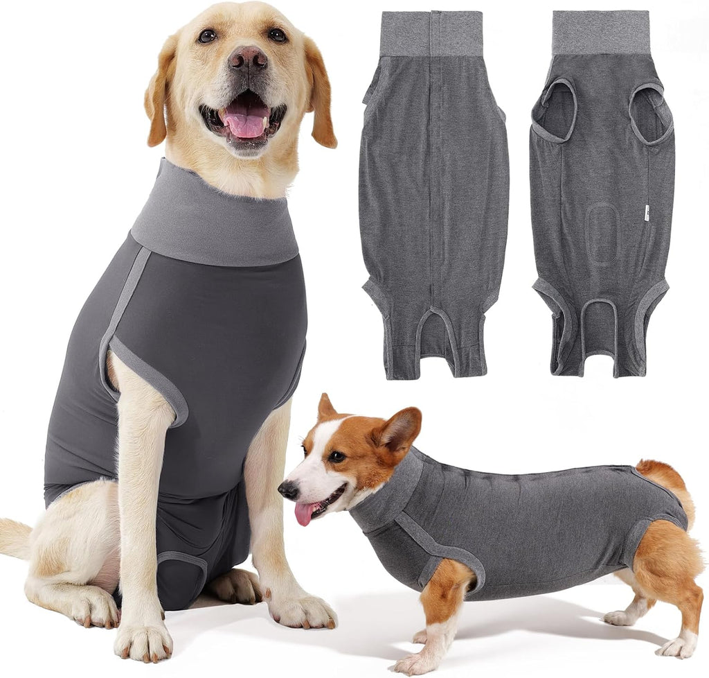 Dotoner Dog Surgery Recovery Suit front view grey alternative e-collar onesie