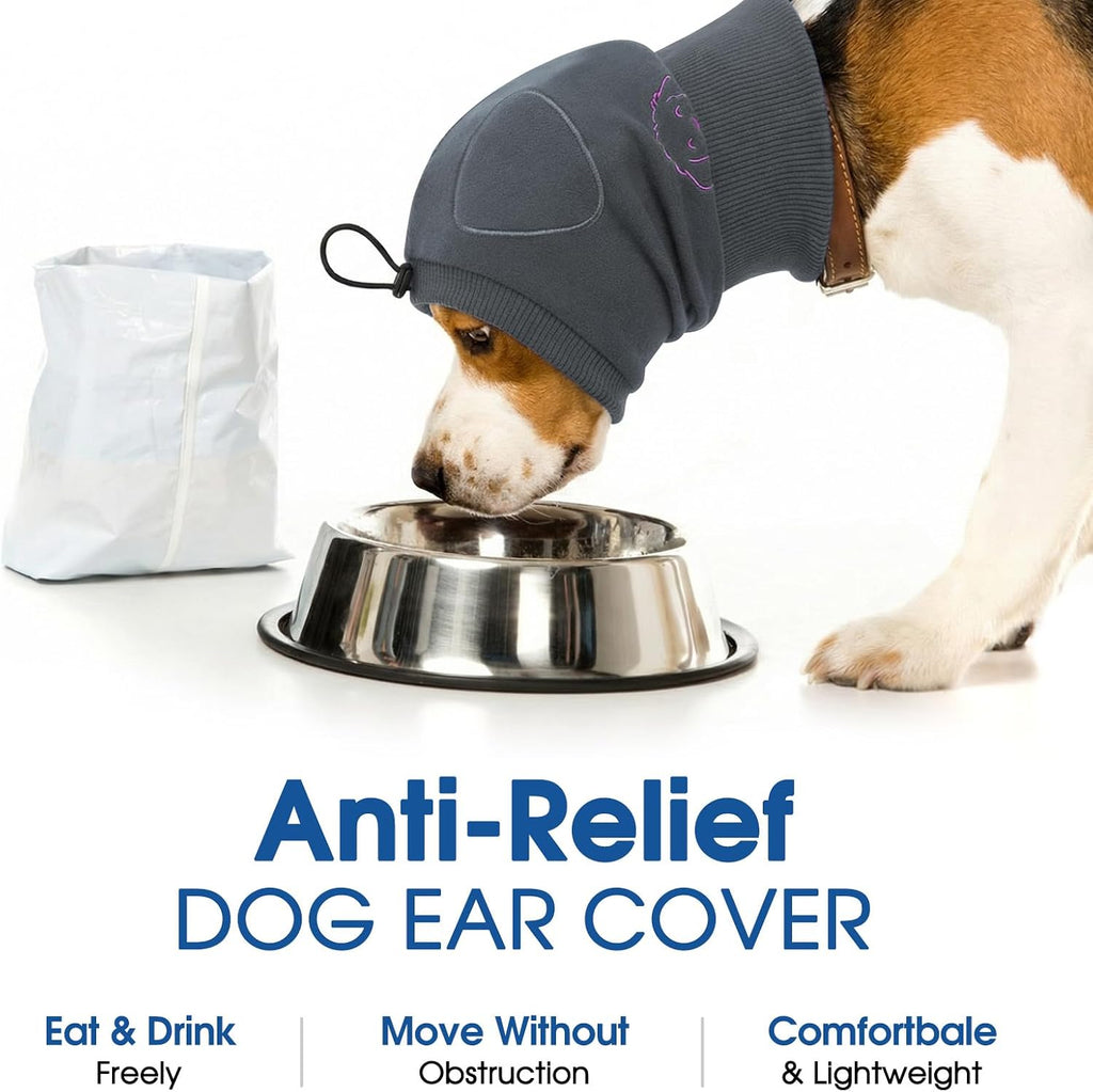Sound absorbing dog ear muffs for thunder and noise reduction.