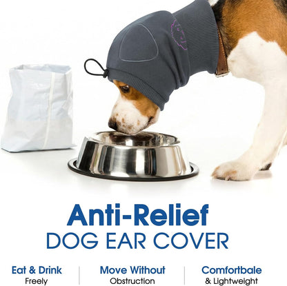 Sound absorbing dog ear muffs for thunder and noise reduction.