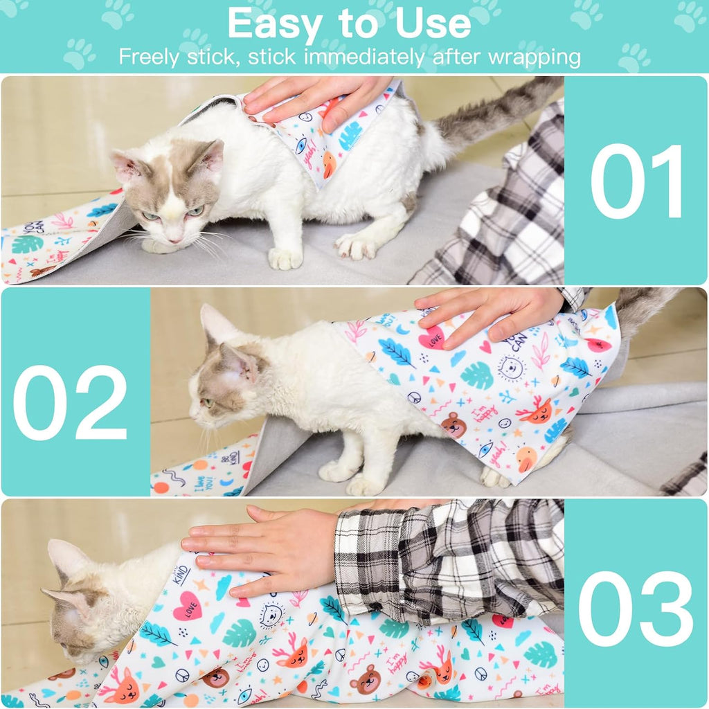 Anti scratch cat swaddle blanket being fastened by pet owner