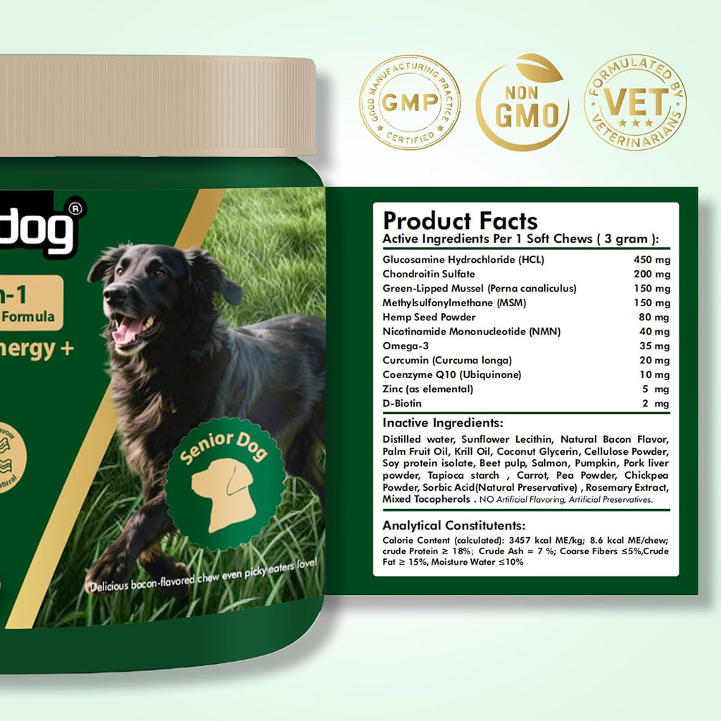 Close up of human grade bacon flavored soft chews from Nutridog formulated for senior dog mobility and cognitive function