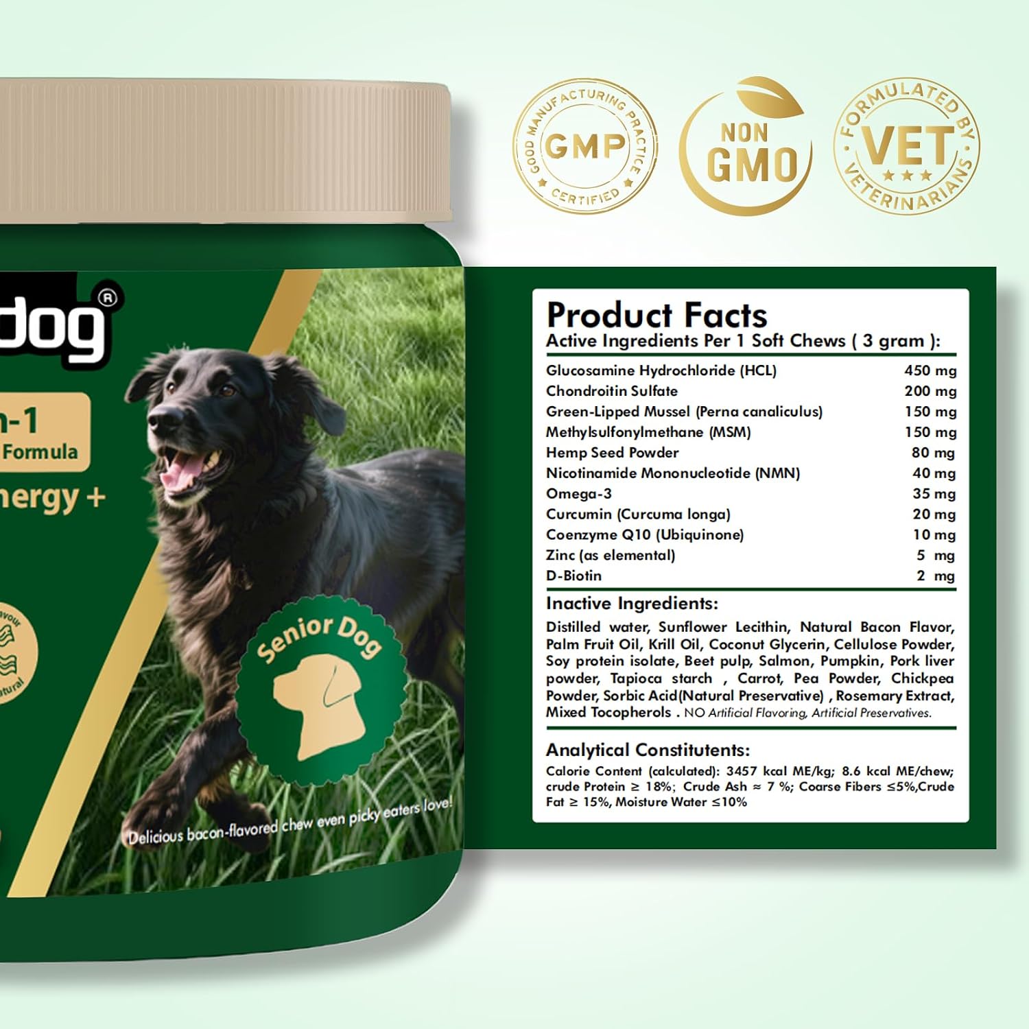 Close up of human grade bacon flavored soft chews from Nutridog formulated for senior dog mobility and cognitive function