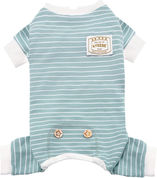 KYEESE dog pajamas green striped front view imported pet jumpsuit