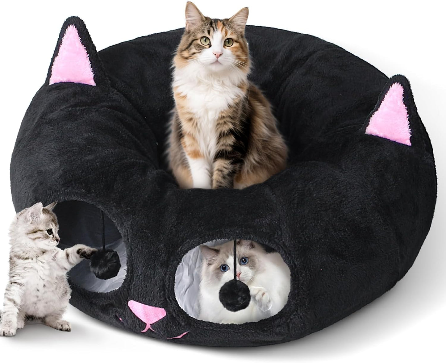 Cat Tunnel Bed for Indoor Cats, Peekaboo Cat Cave with Washable Soft Play Mat, Furry Cat Tube, for Kitten/Puppy/Rabbit, Grey - Image 13