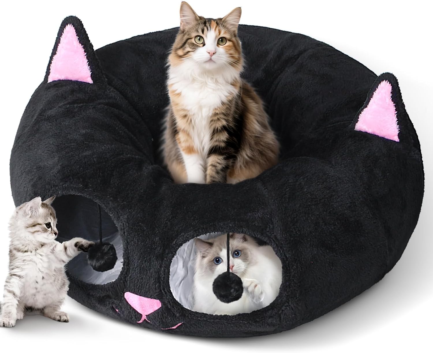 Cat Tunnel Bed for Indoor Cats, Peekaboo Cat Cave with Washable Soft Play Mat, Furry Cat Tube, for Kitten/Puppy/Rabbit, Grey - Image 13