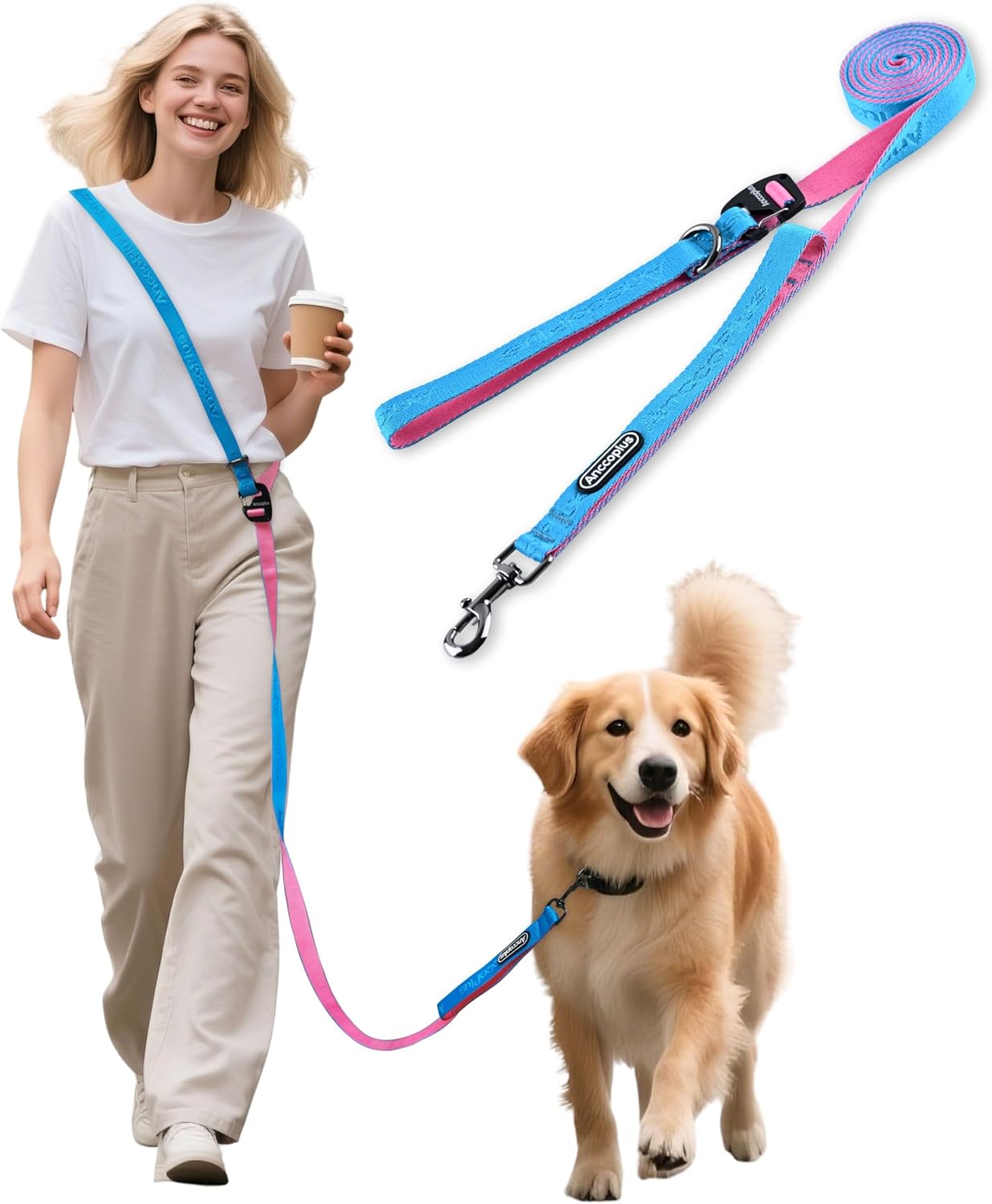 AnccoPlus hands free crossbody dog leash in aqua pink worn over the shoulder during an outdoor run.